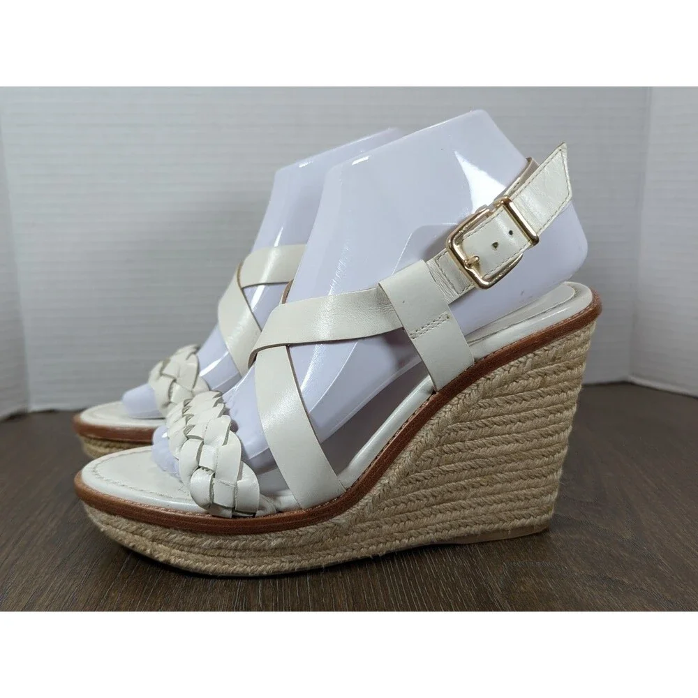 Antonio Melani Strappy Braided Raffia Wedges Sandals Women's 6 White Leather